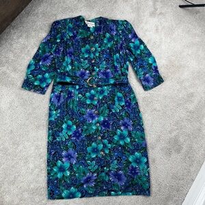 Vintage 80s S.L. Fashions Floral Belted Midi Dress Button Down Shoulder Pads 14p